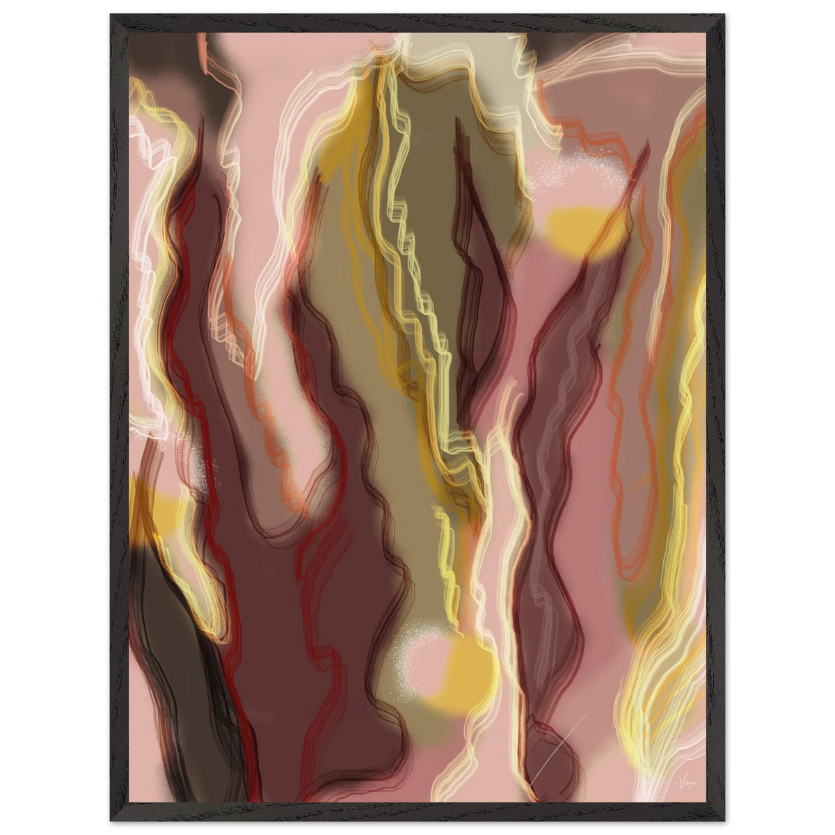 Dark charcoal framed abstract wall art print with flowing yellow, red, and cream lines