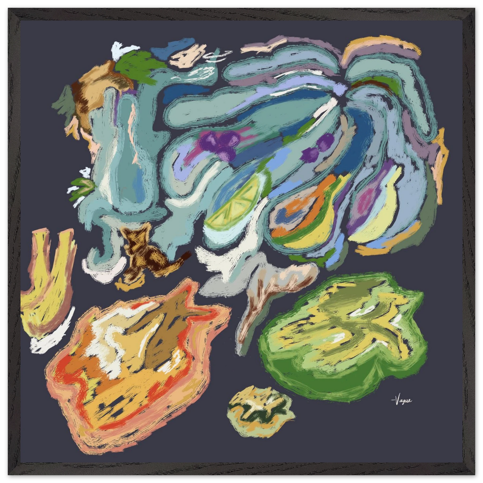 Black-framed abstract painting with bold orange, lime green, and teal shapes