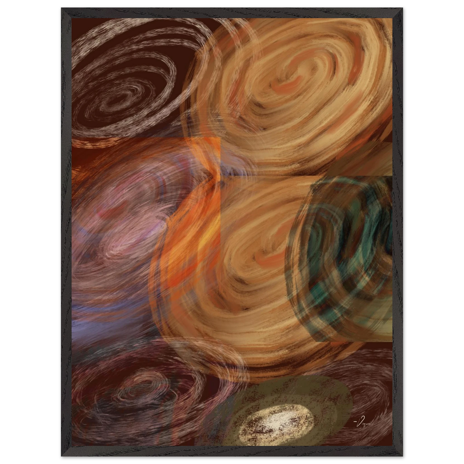 Abstract swirl wall art with dark gray frame and multicolor circular patterns
