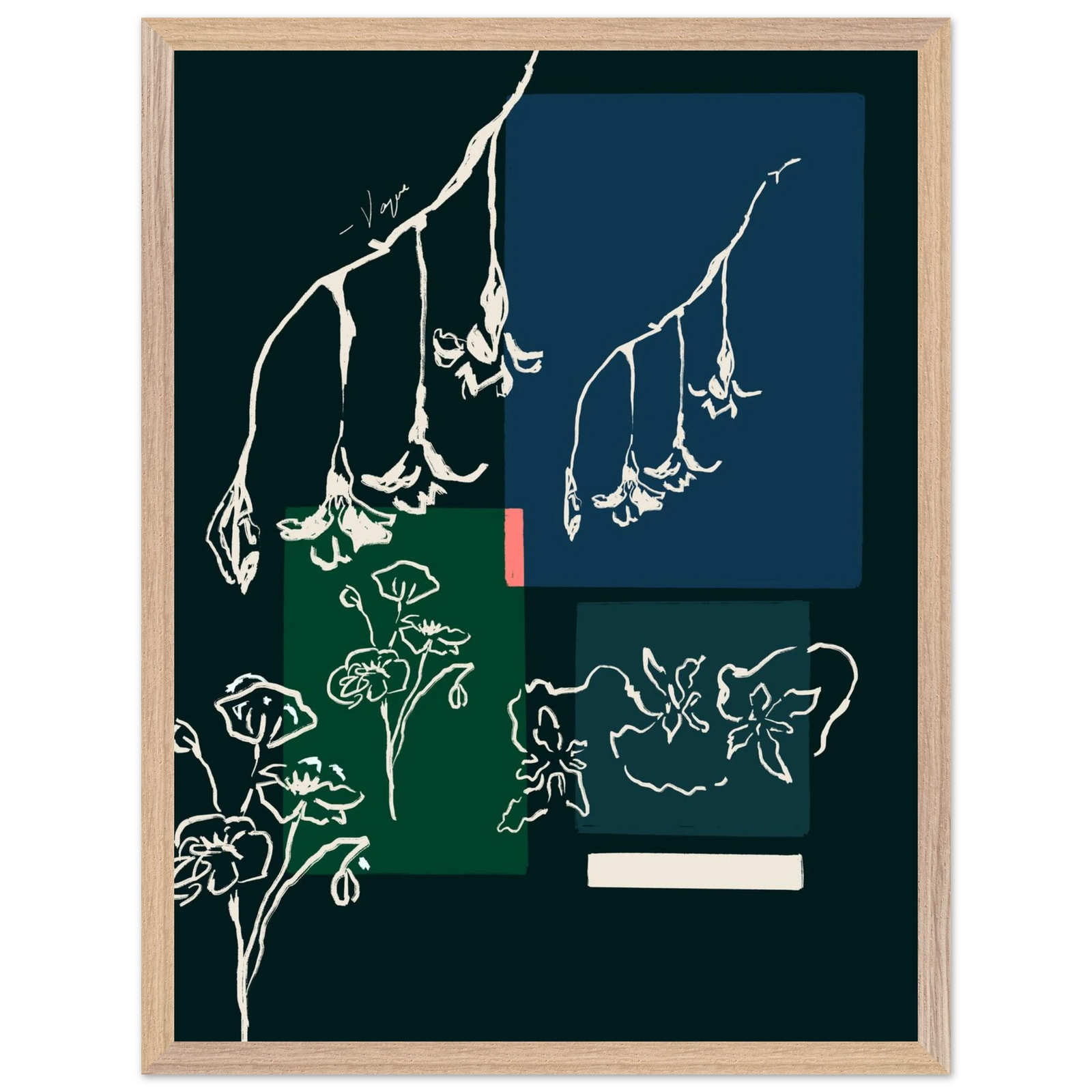 Framed wall art with wood frame and botanical line drawing on dark green