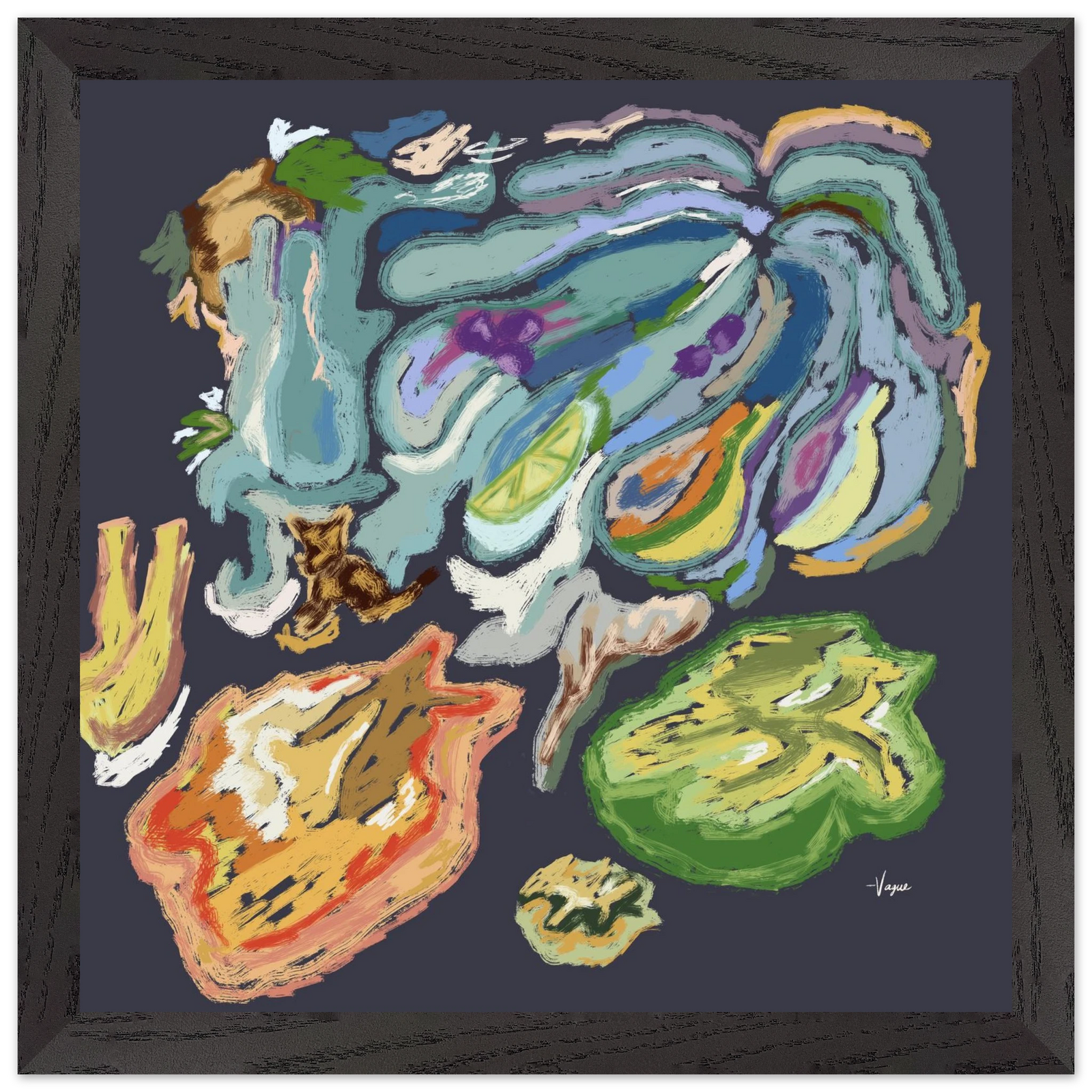 Black-framed abstract wall art with teal, green, orange, and purple brush strokes
