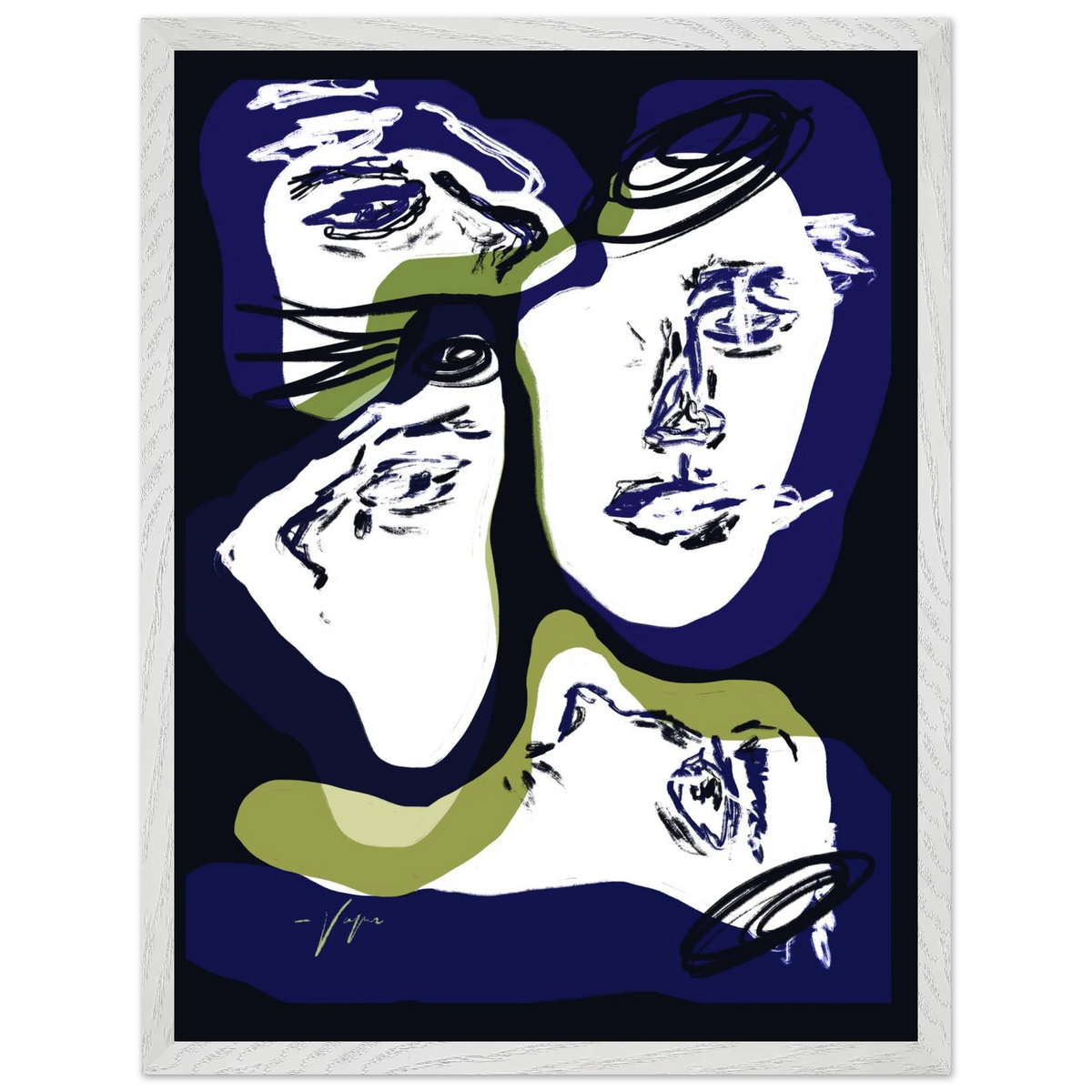Framed wall art print with light border, abstract face illustration in blue and green.