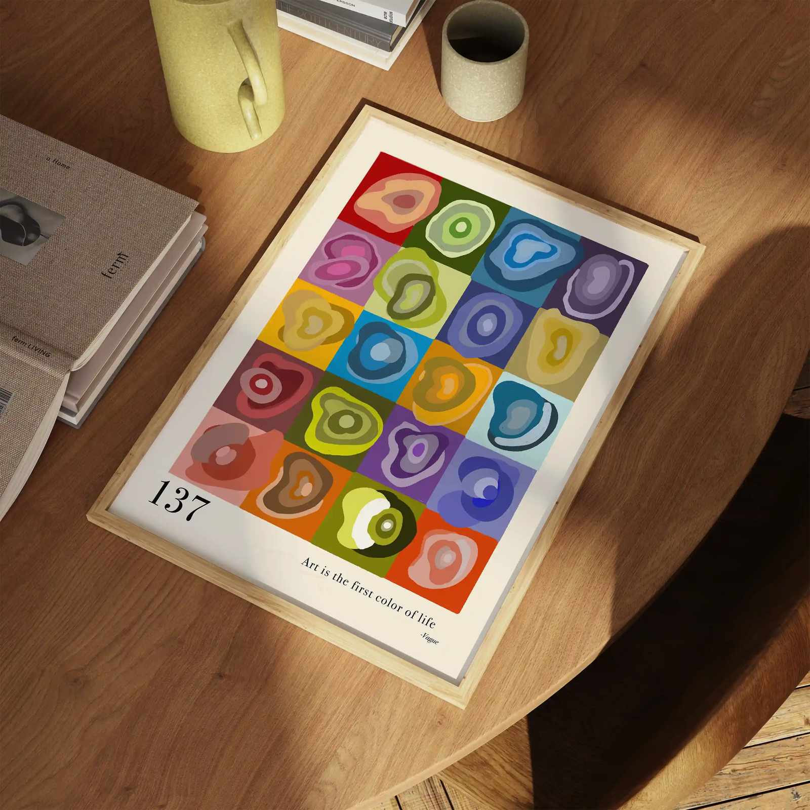 137 framed abstract art print with colorful circle pattern, wood frame