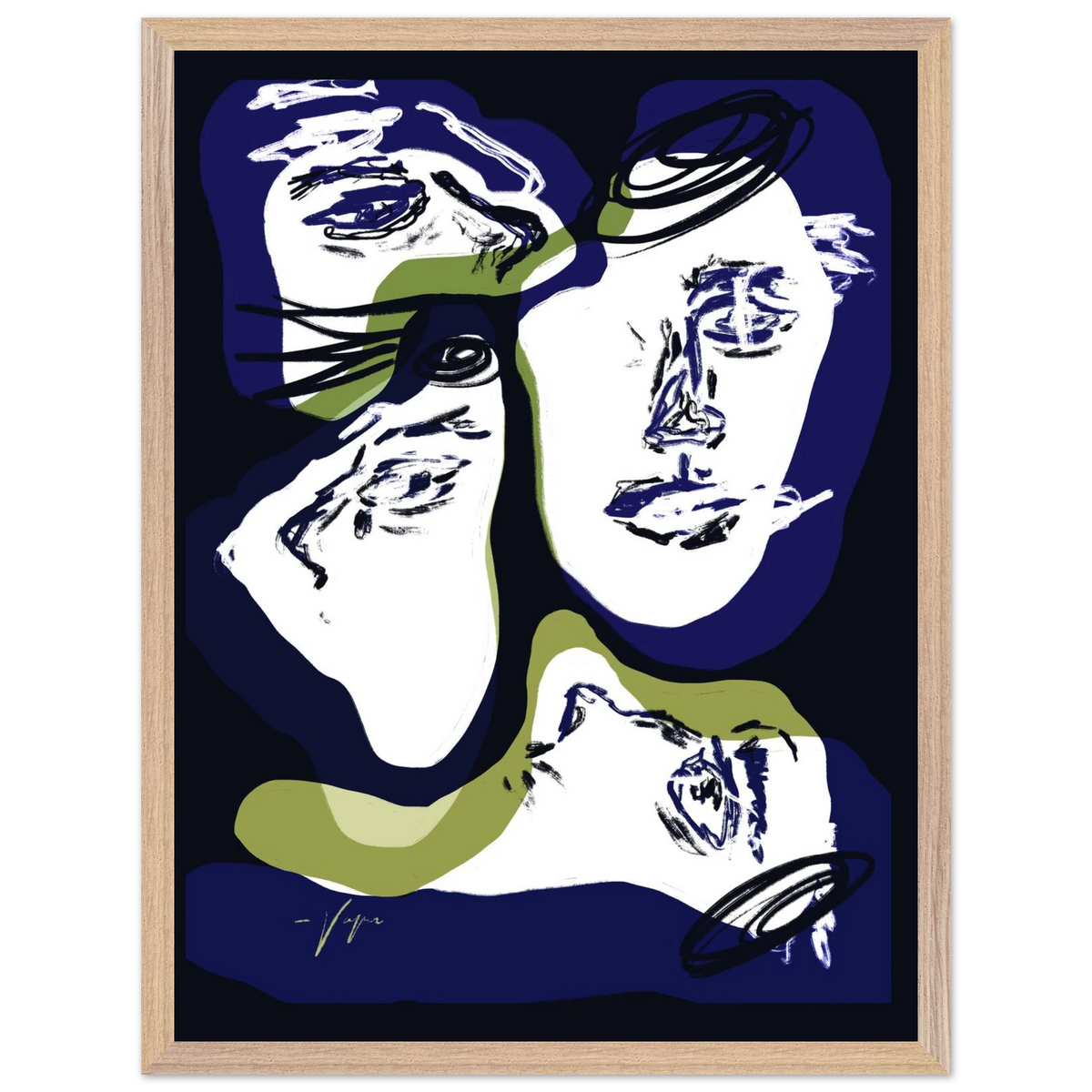 Framed wall art print with wood-tone border, abstract face illustration in blue and green.