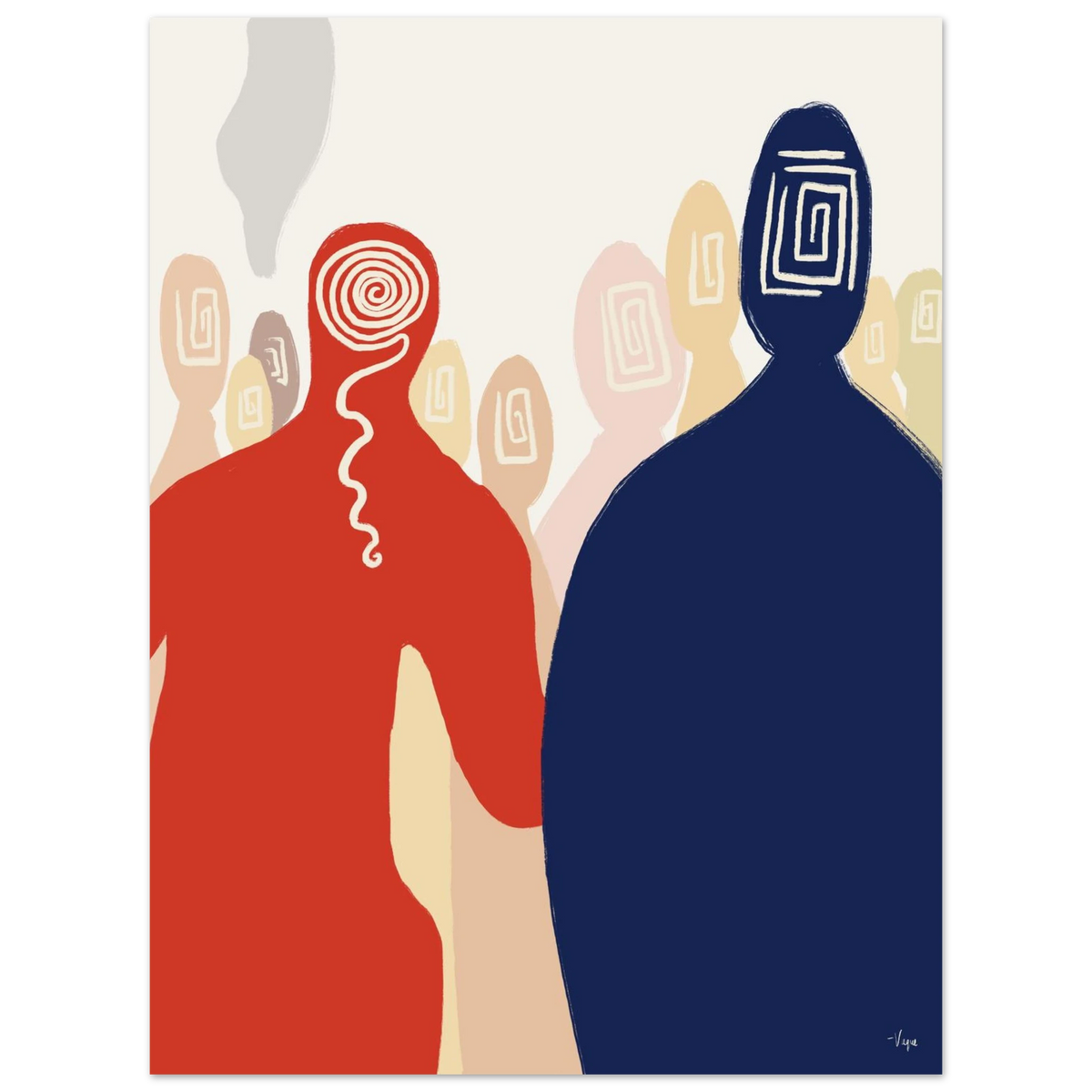 Framed wall art print with two stylized figures, red left and navy right, black frame.