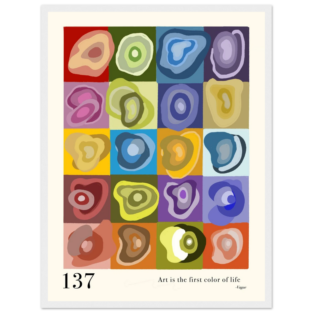 Abstract art print 137 with 20 colorful geometric shapes in a slim silver frame