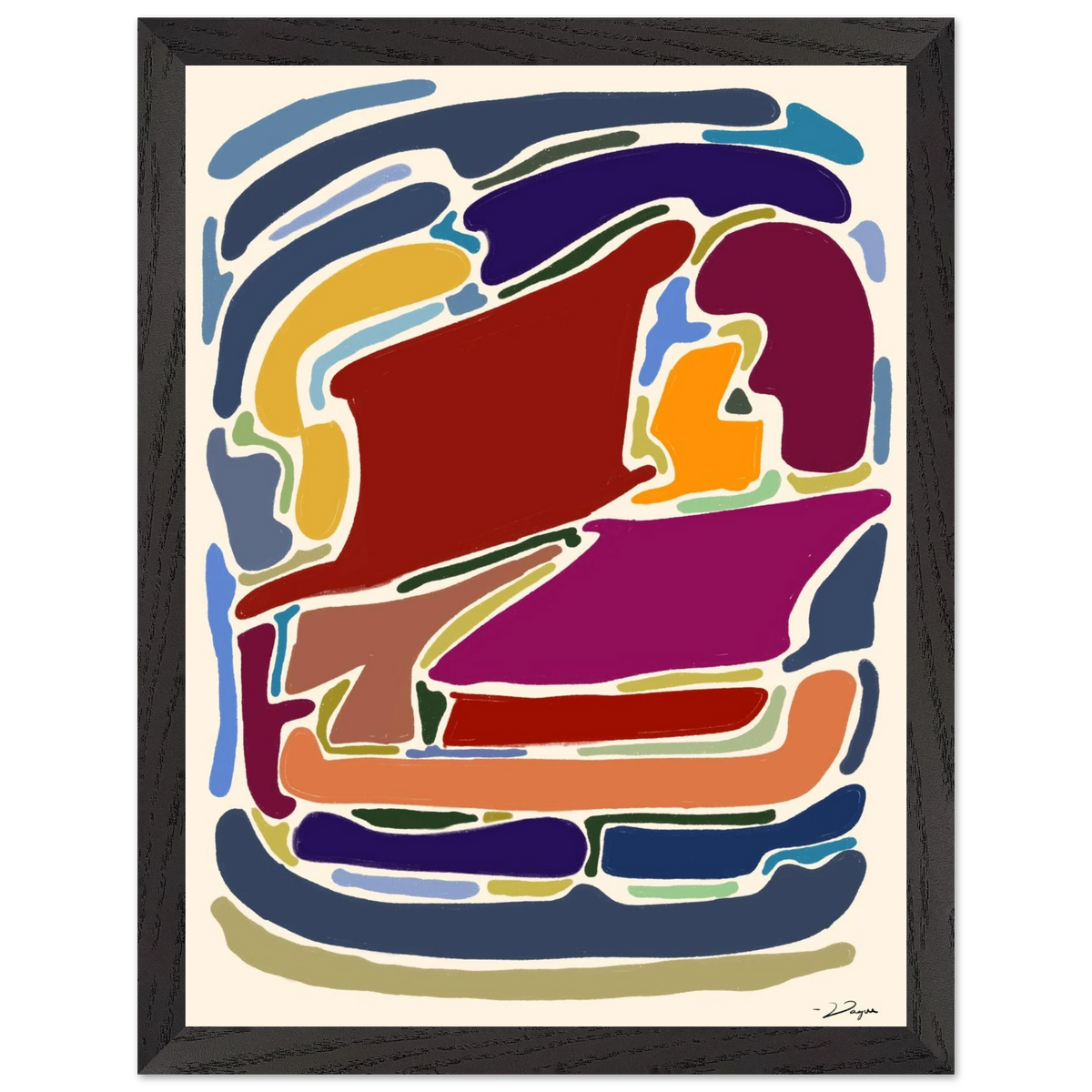 Framed abstract art print with colorful geometric shapes, black frame