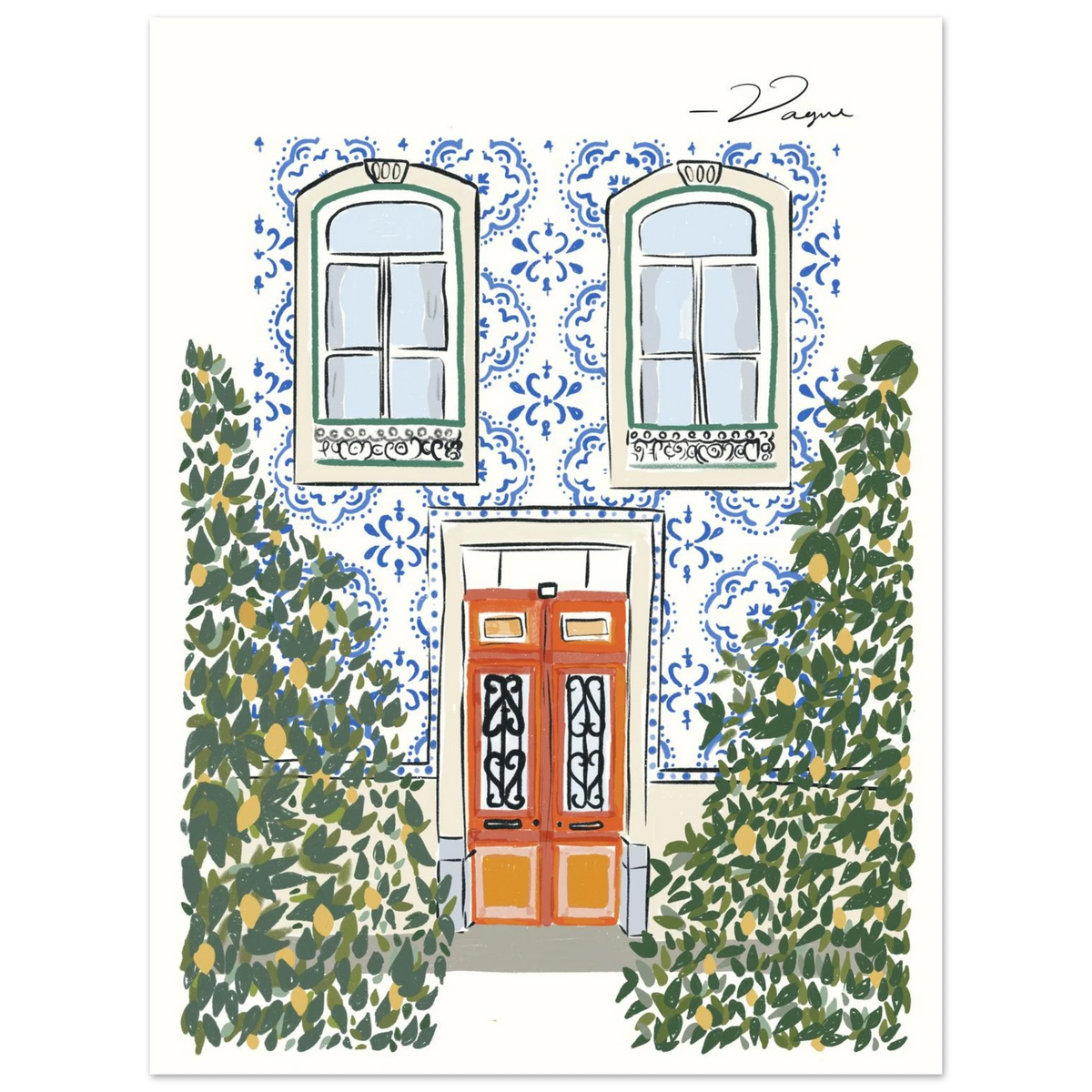Riomaggiore door illustration wall art print with white frame