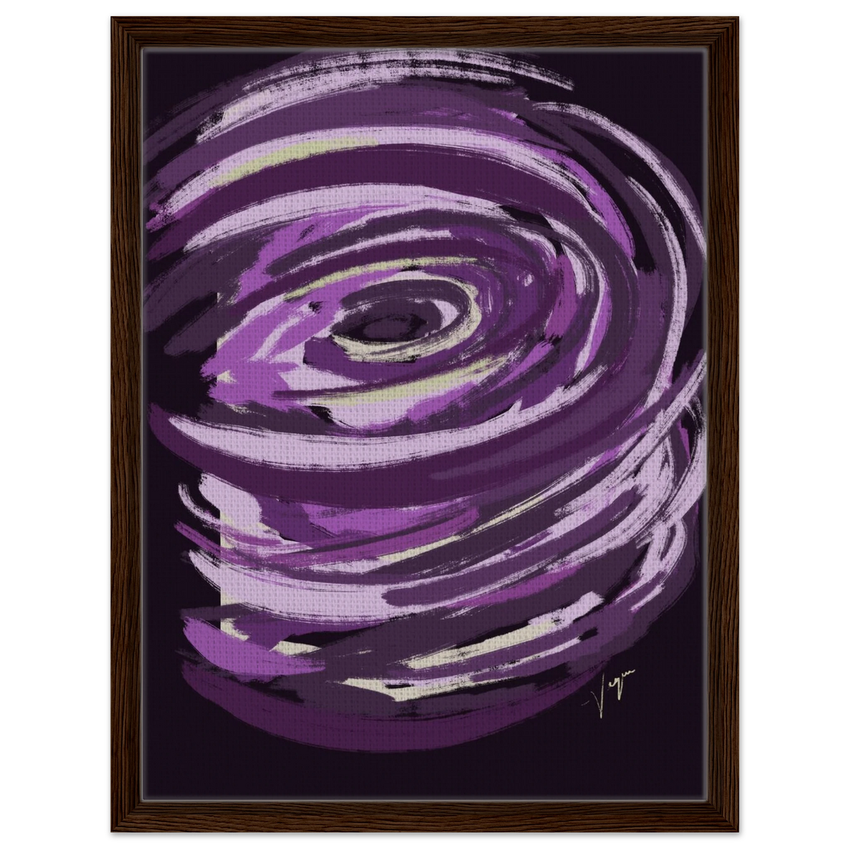 Purple abstract canvas with eye motif in dark wood frame