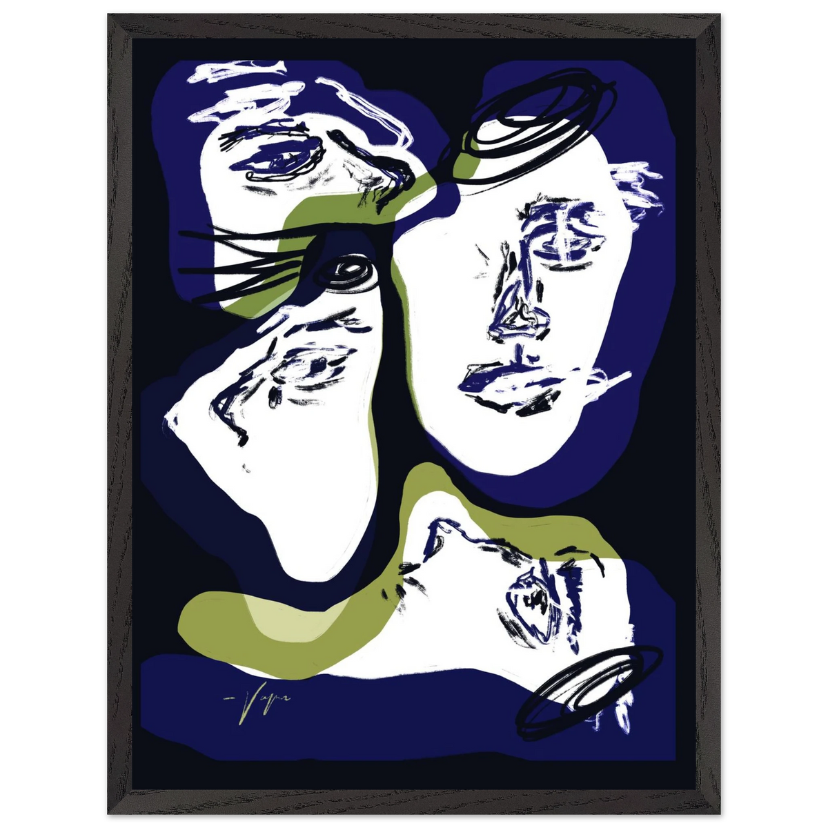 Framed wall art print with dark border, abstract face illustration in blue and green.