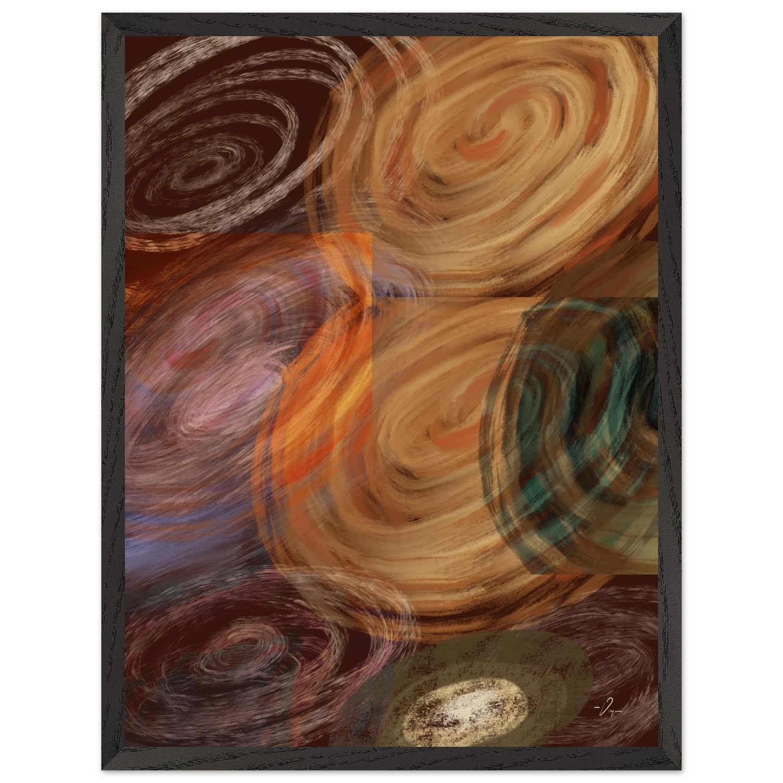Black-framed abstract wall art with swirling tan, brown, orange, and teal shapes