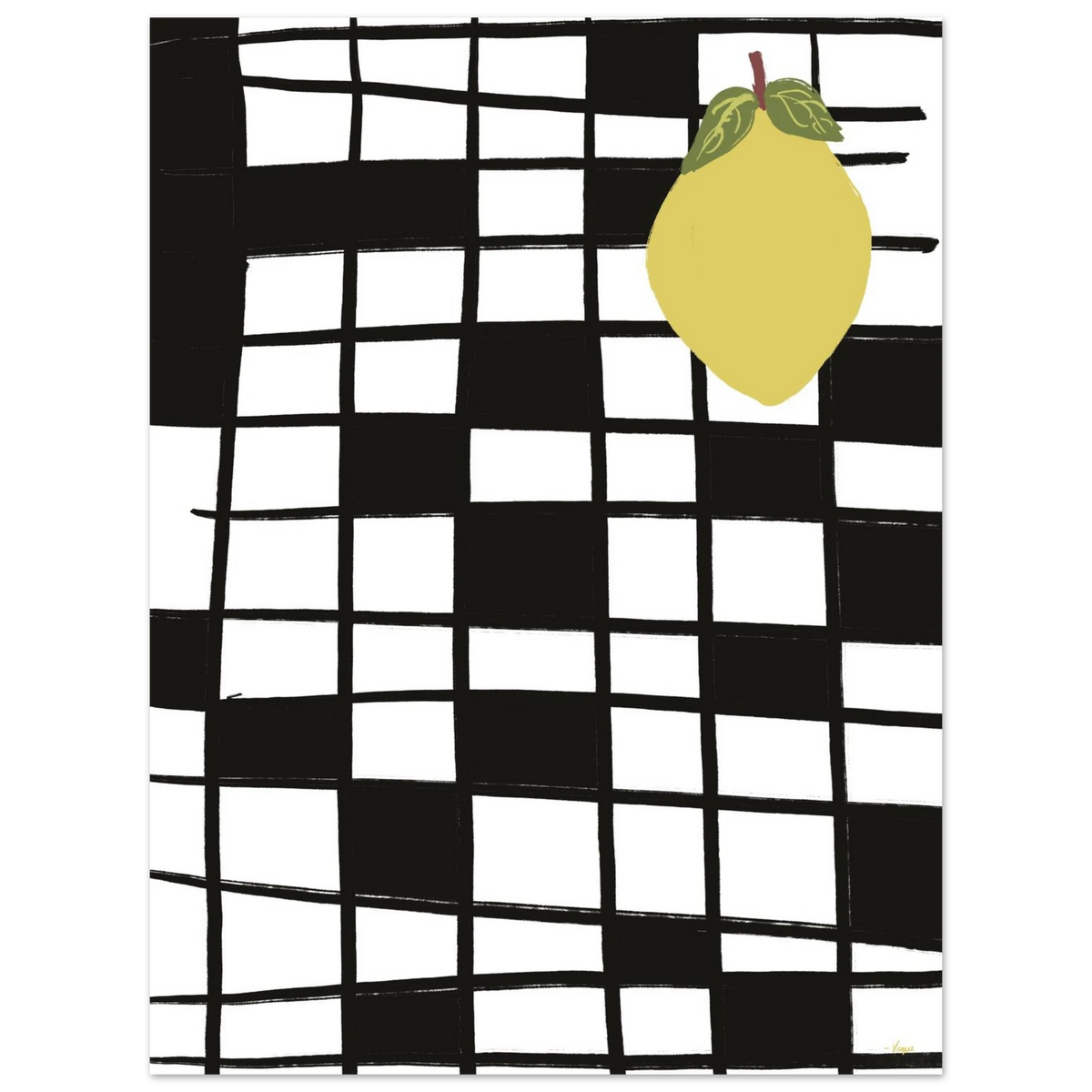 Black-and-white grid art print with a yellow lemon illustration, no visible frame