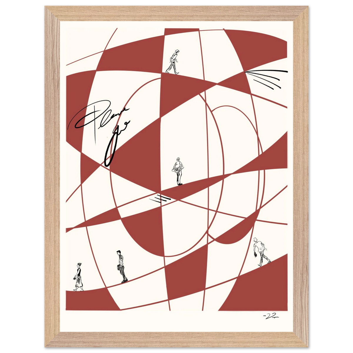 Framed abstract wall art with red geometric pattern and small figures; wood frame