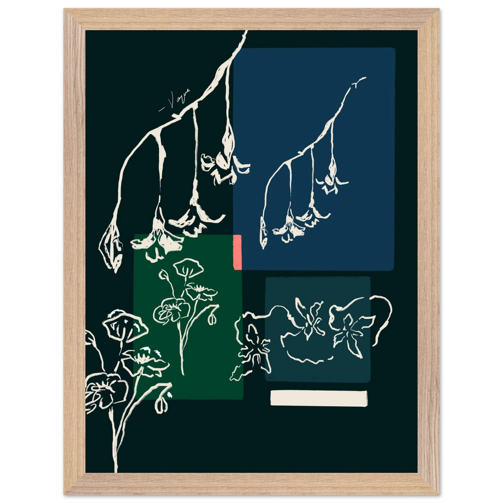 Wood-framed line art print with dark green and blue panels, illustrated figures
