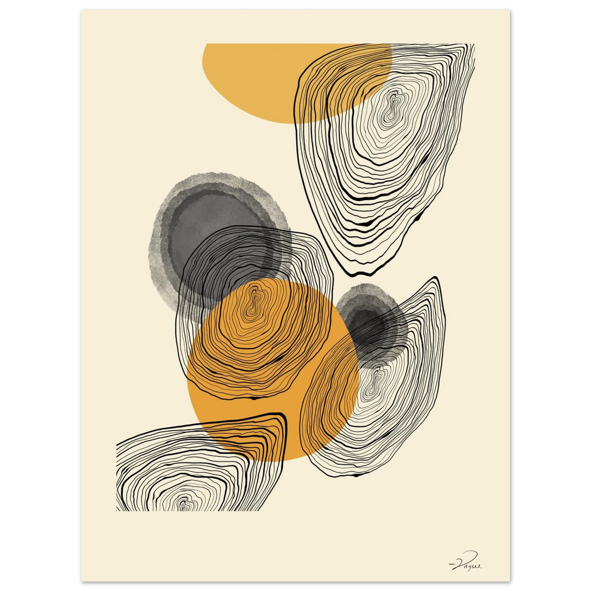 Fingerprint abstract print with orange and gray circles and black contour lines, unframed