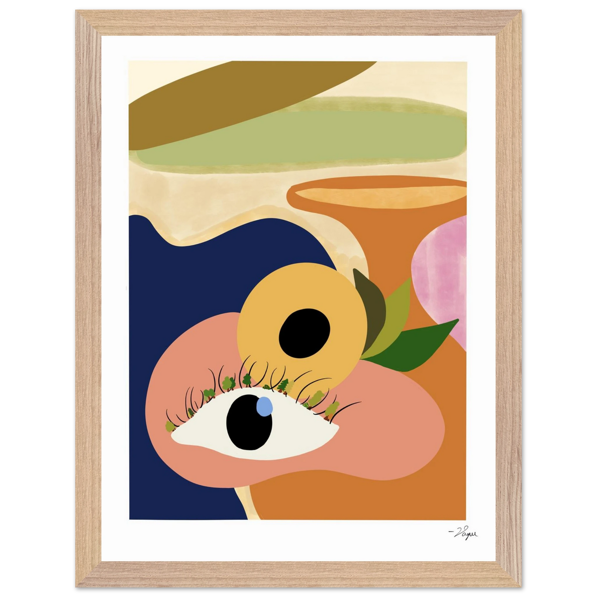 Framed wall art print with abstract eye portrait; light wood frame