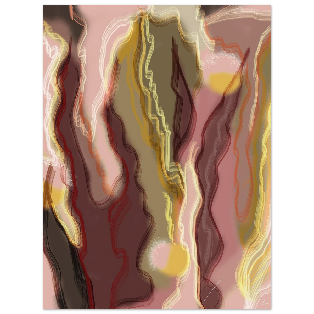 Abstract wall art print with flowing seed-like shapes in red, yellow, and dark tones