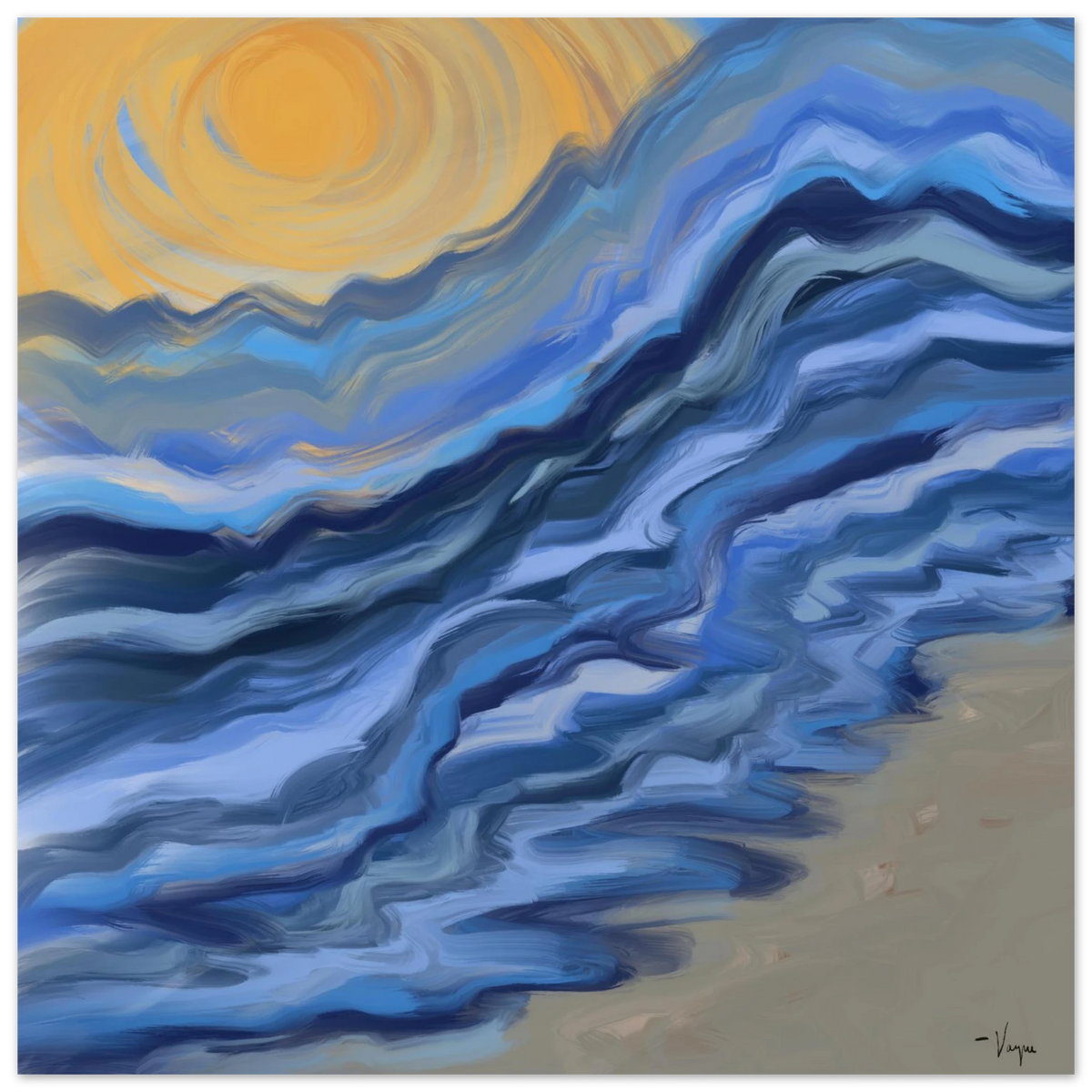 Framed matte paper poster with blue and yellow wave artwork, dark frame