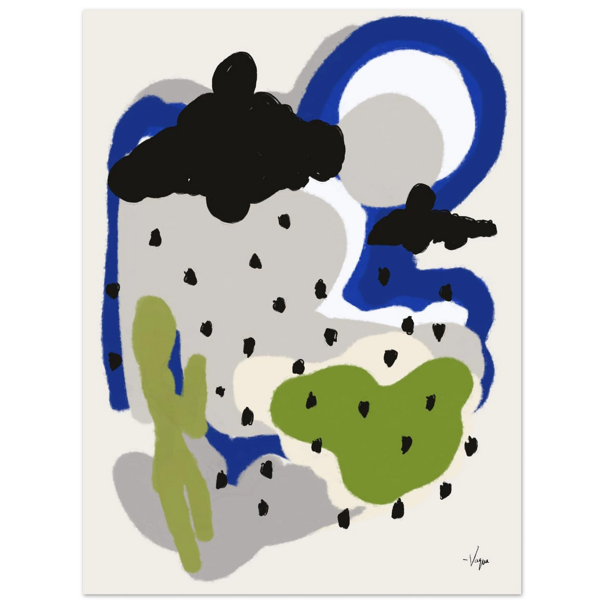 Abstract wall art print with blue swirl, black cloud, and green raindrop shapes on light background