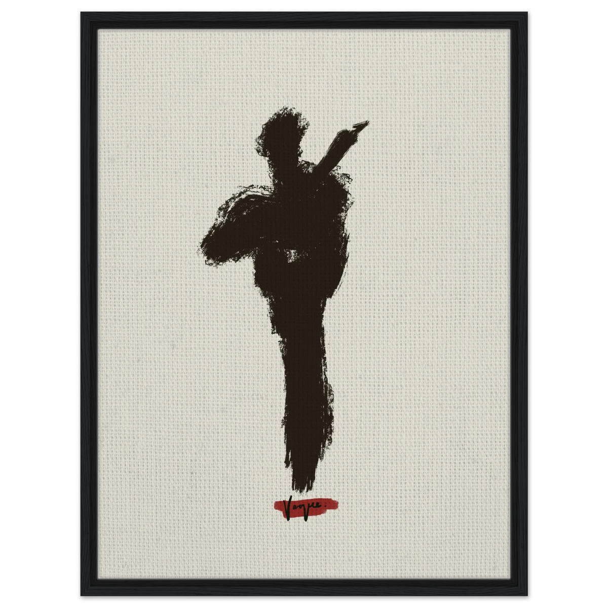 Violin-themed framed wall art with black frame, black silhouette figure, and red signature.