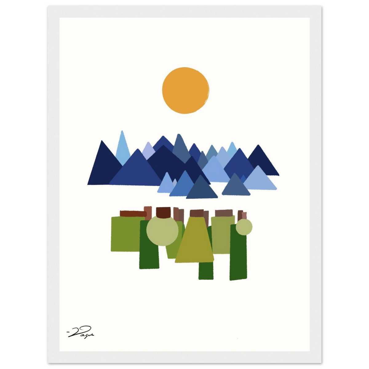 Corrupt Vol. 2 art print of a geometric mountain scene in a silver frame