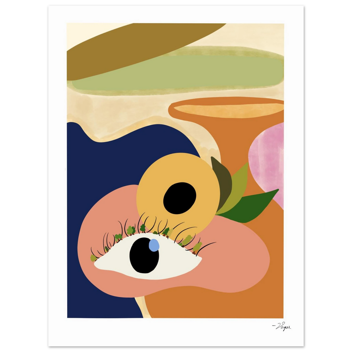 Framed wall art print with abstract eye portrait; white frame