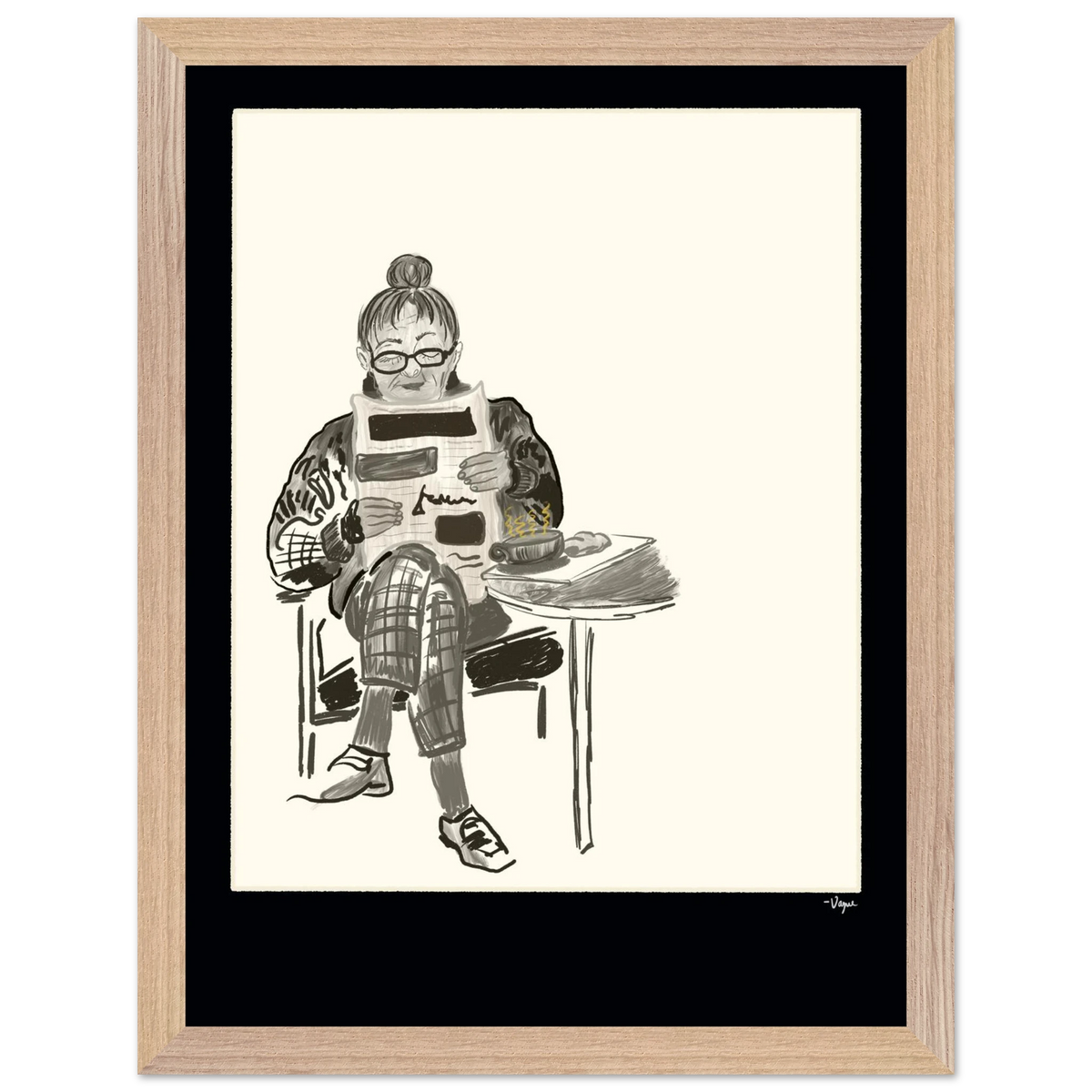 Wood-framed ink illustration of a person reading a tablet at a desk