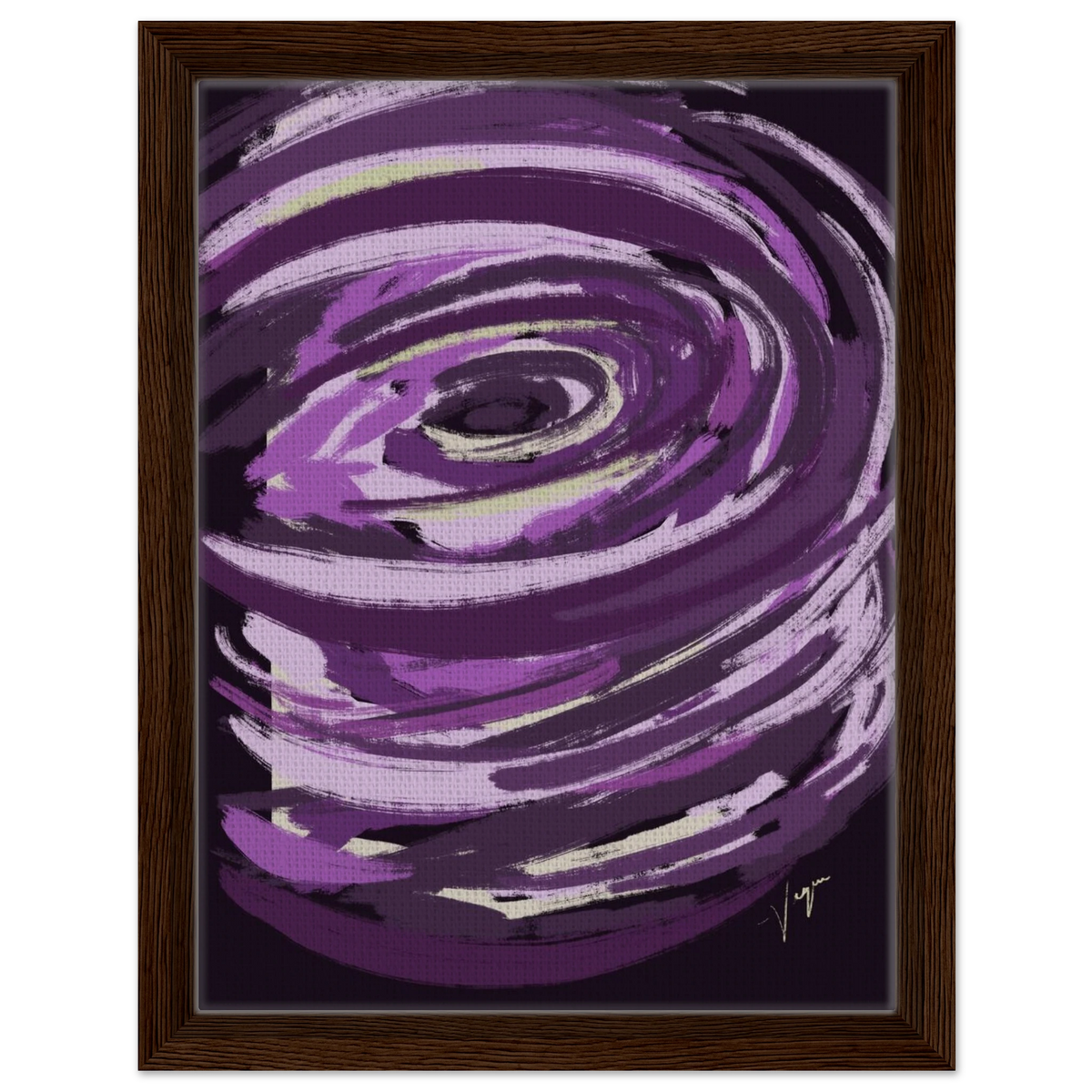 Purple abstract canvas with eye motif in dark wood frame