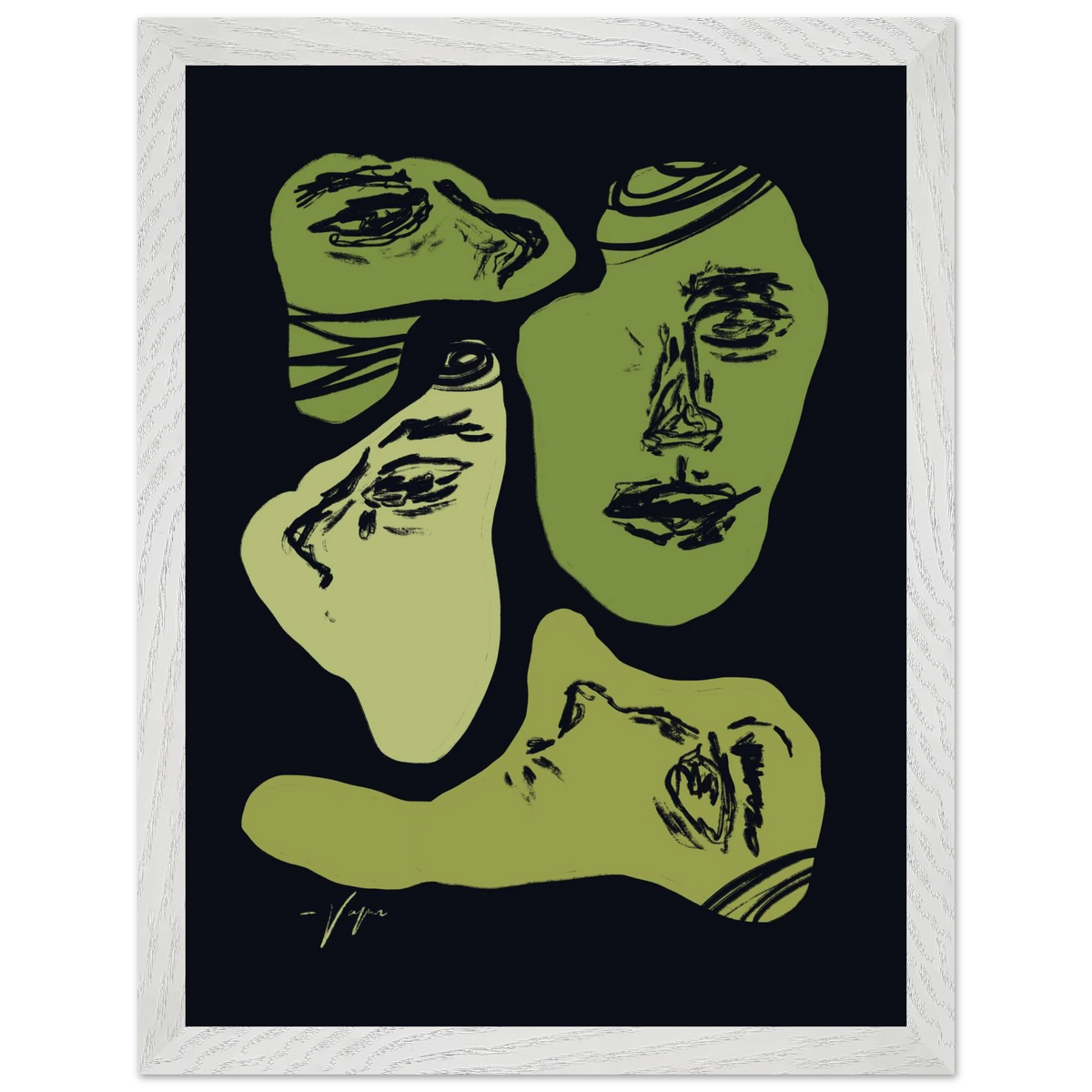 Framed portrait print with three green face profiles and dark background, white frame