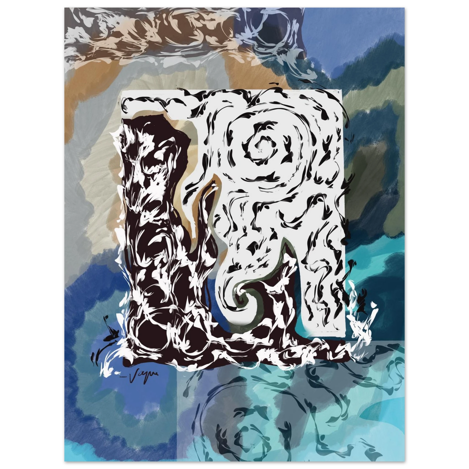 Framed wall art print with stylized dog portrait in black and white, teal background, blue frame