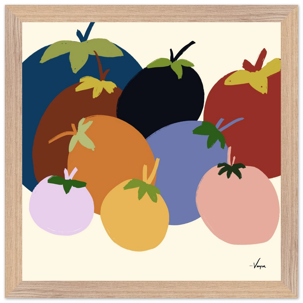 Framed abstract fruit illustration print in a light wood frame with colorful oranges and tomatoes