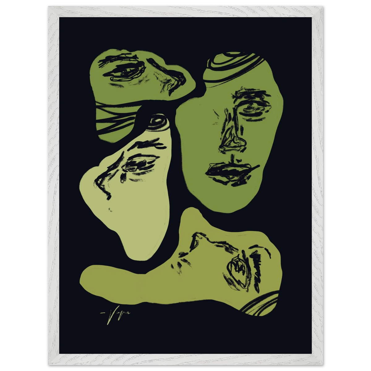 Framed portrait print with three green face profiles and dark background, white frame
