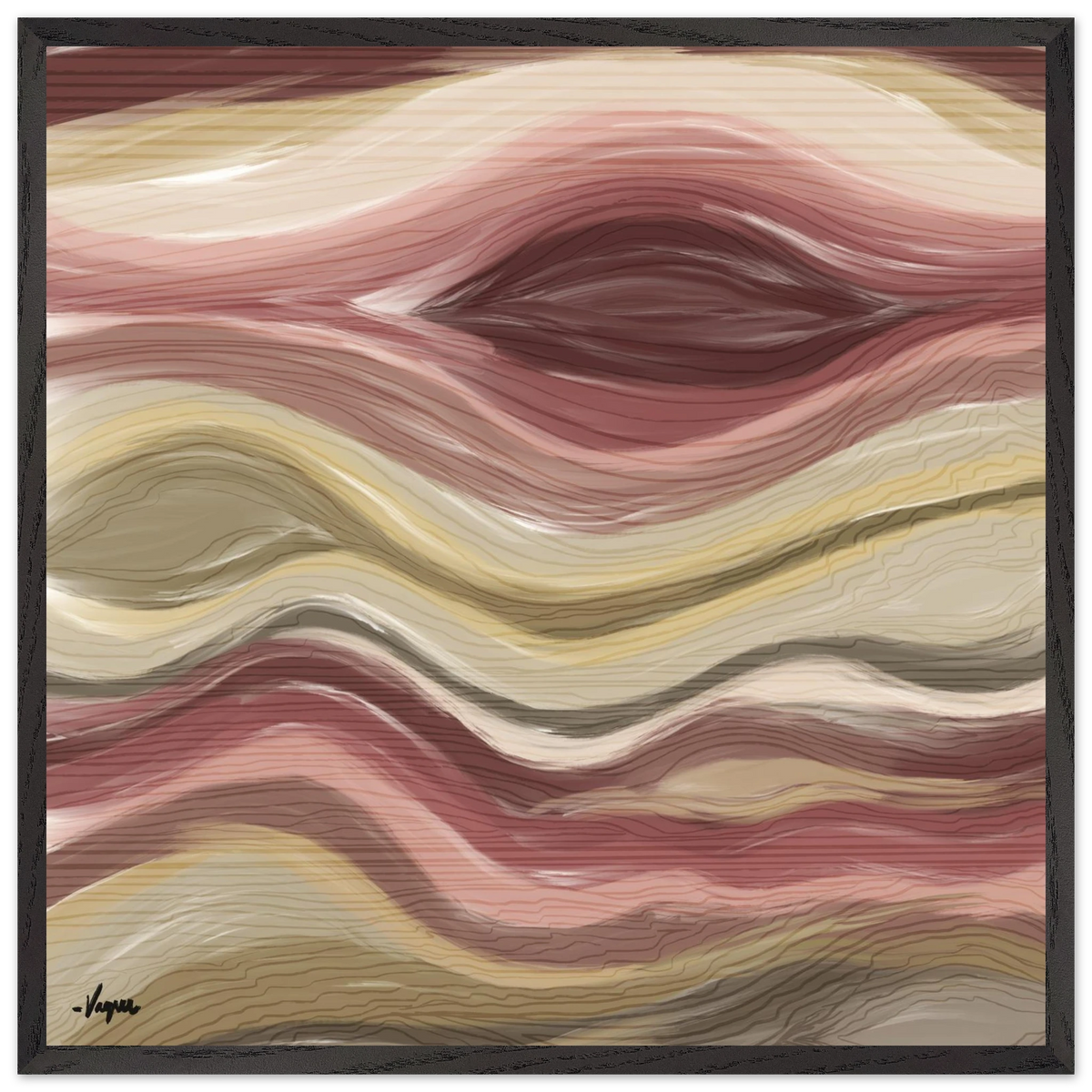 Abstract wall art with wavy rose, cream, and gray lines in a black frame