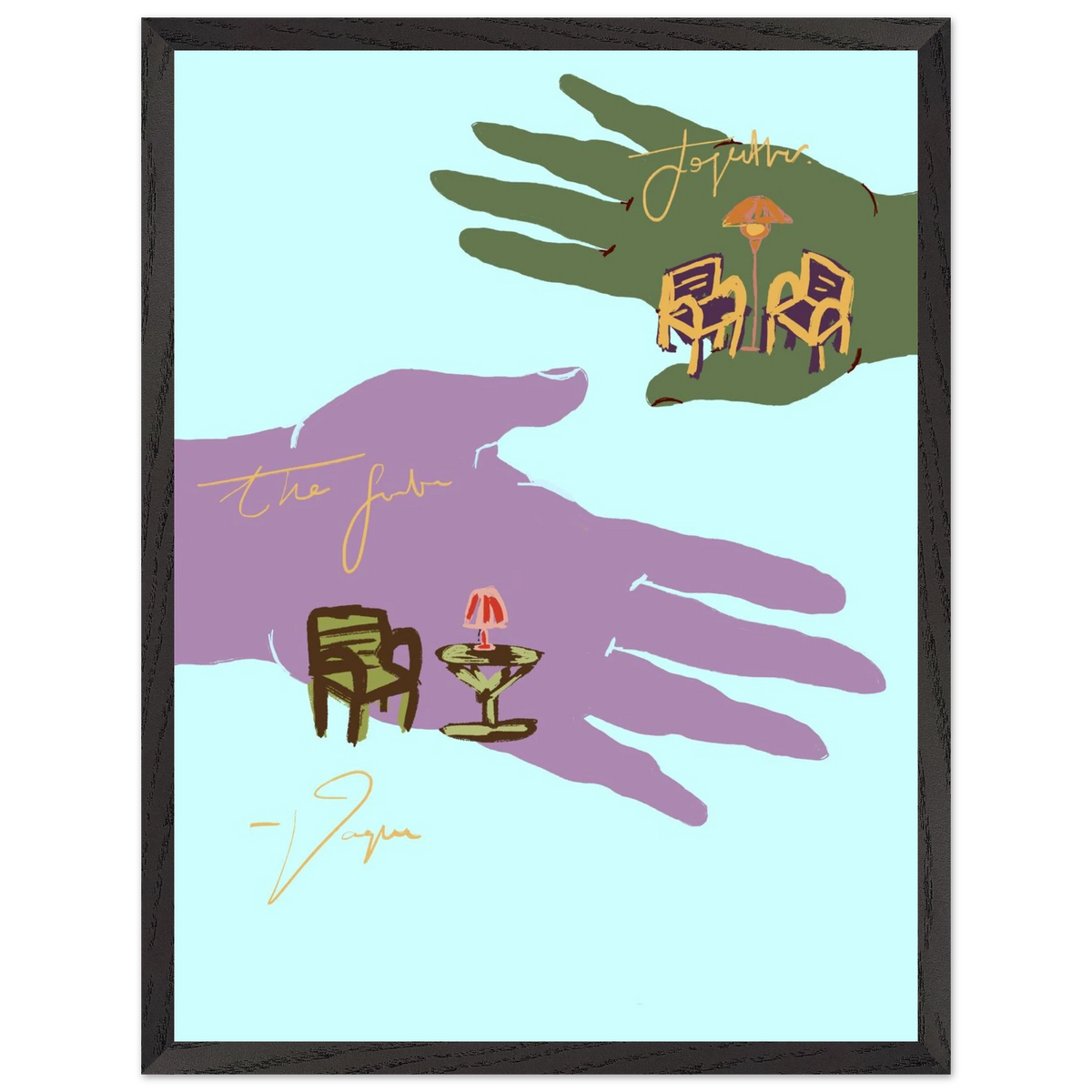 Palmistry wall art with illustrated hands, chair and candle, in dark gray black frame