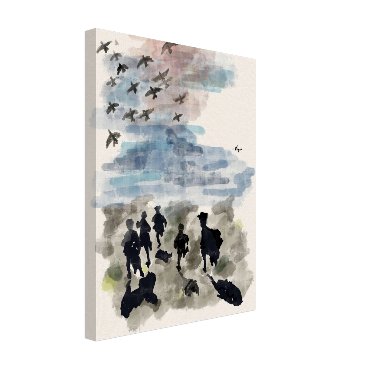 Unframed canvas wall art with blue watercolor clouds, silhouette figures, and flying birds