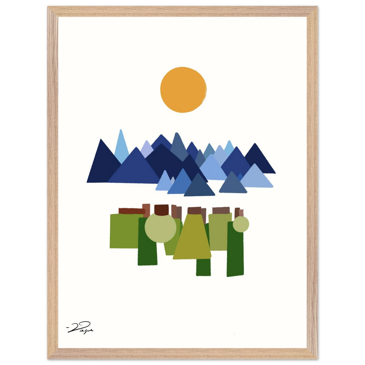 Framed abstract landscape print, light wood border, orange sun, blue mountains, green figures