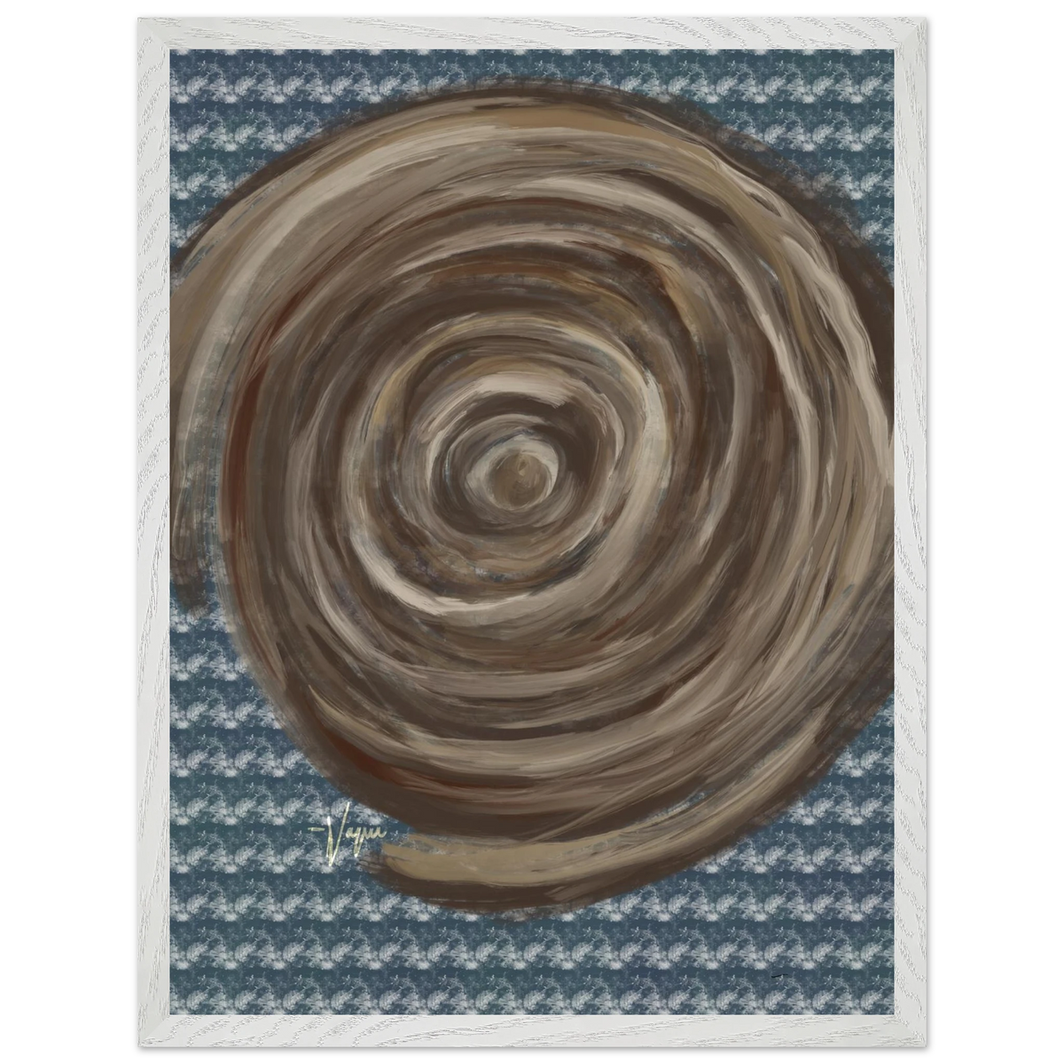 Abstract matte paper poster with circular swirl in tan and brown, in a white frame.