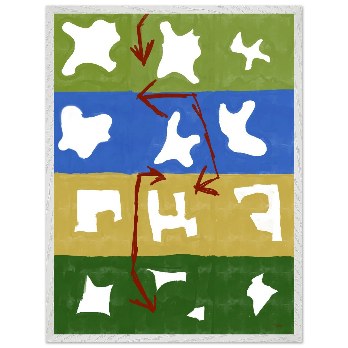 Framed abstract wall art with wood frame; green, blue, yellow blocks, white shapes, red arrows