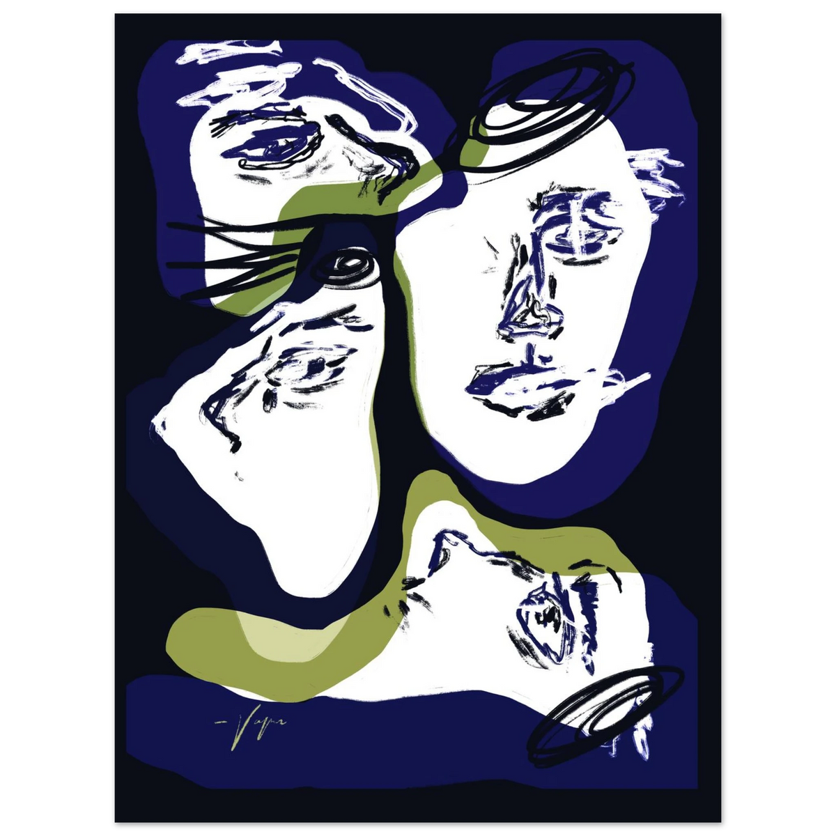 Framed wall art print with black border, abstract face illustration in blue and green.