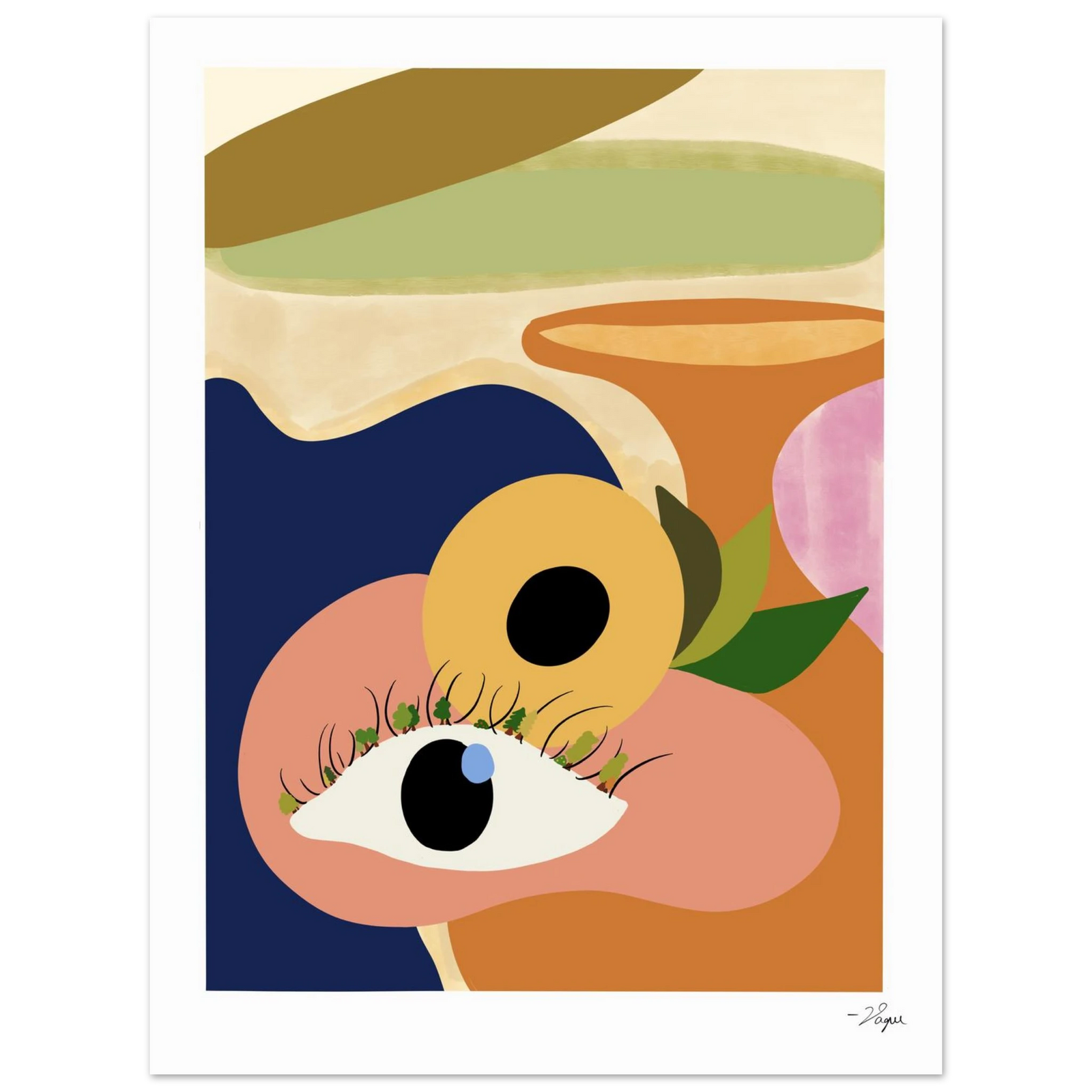Framed wall art print with abstract eye portrait; white frame