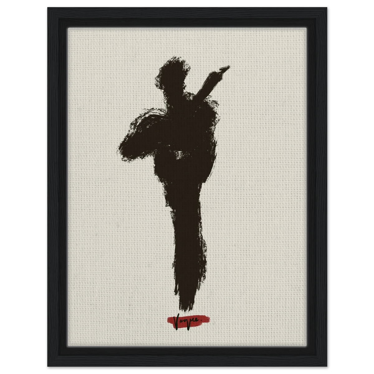 Violin-themed framed wall art with dark frame, black silhouette figure, and red signature.