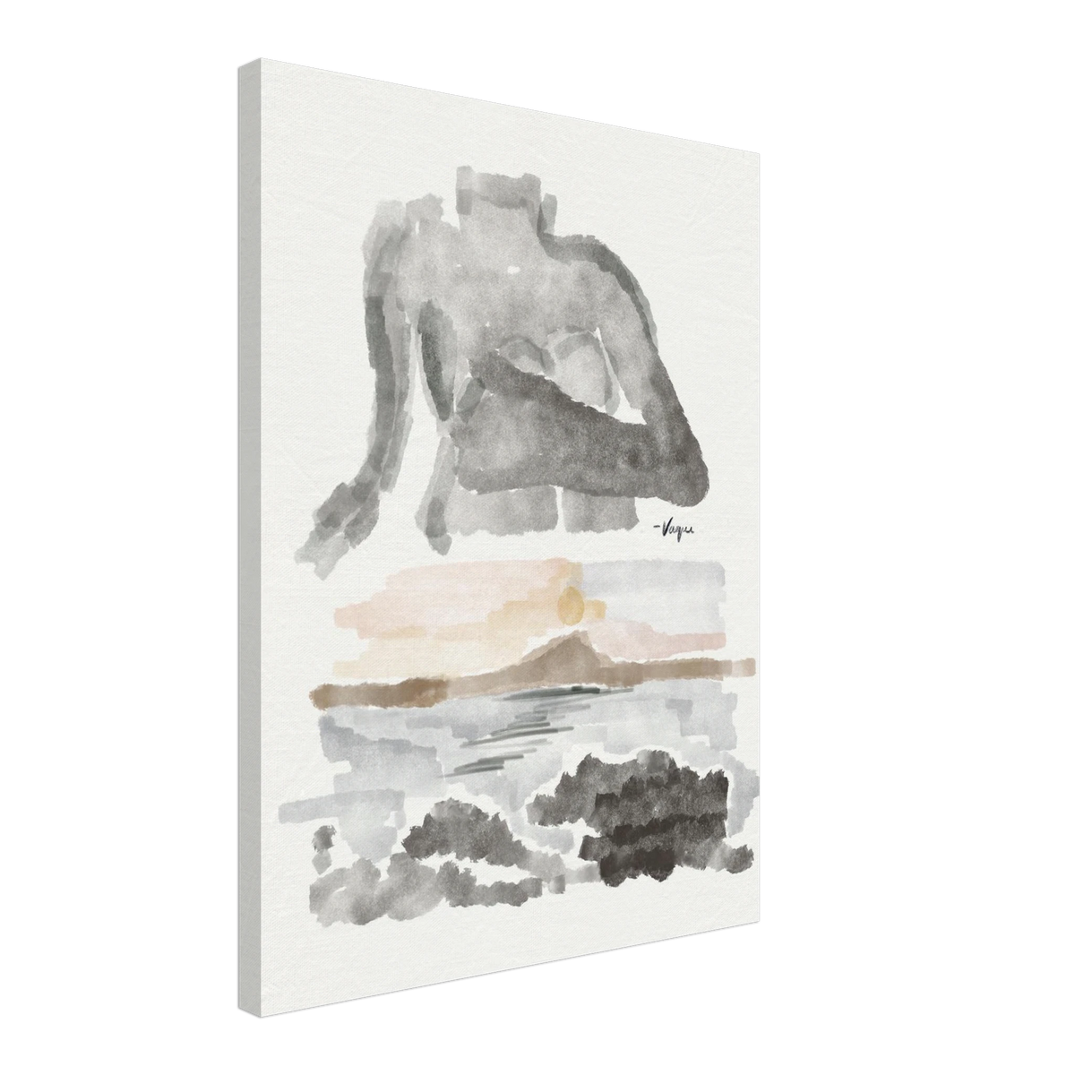 Abstract watercolor wall art on white canvas, no frame, gray figure with tan and gray washes