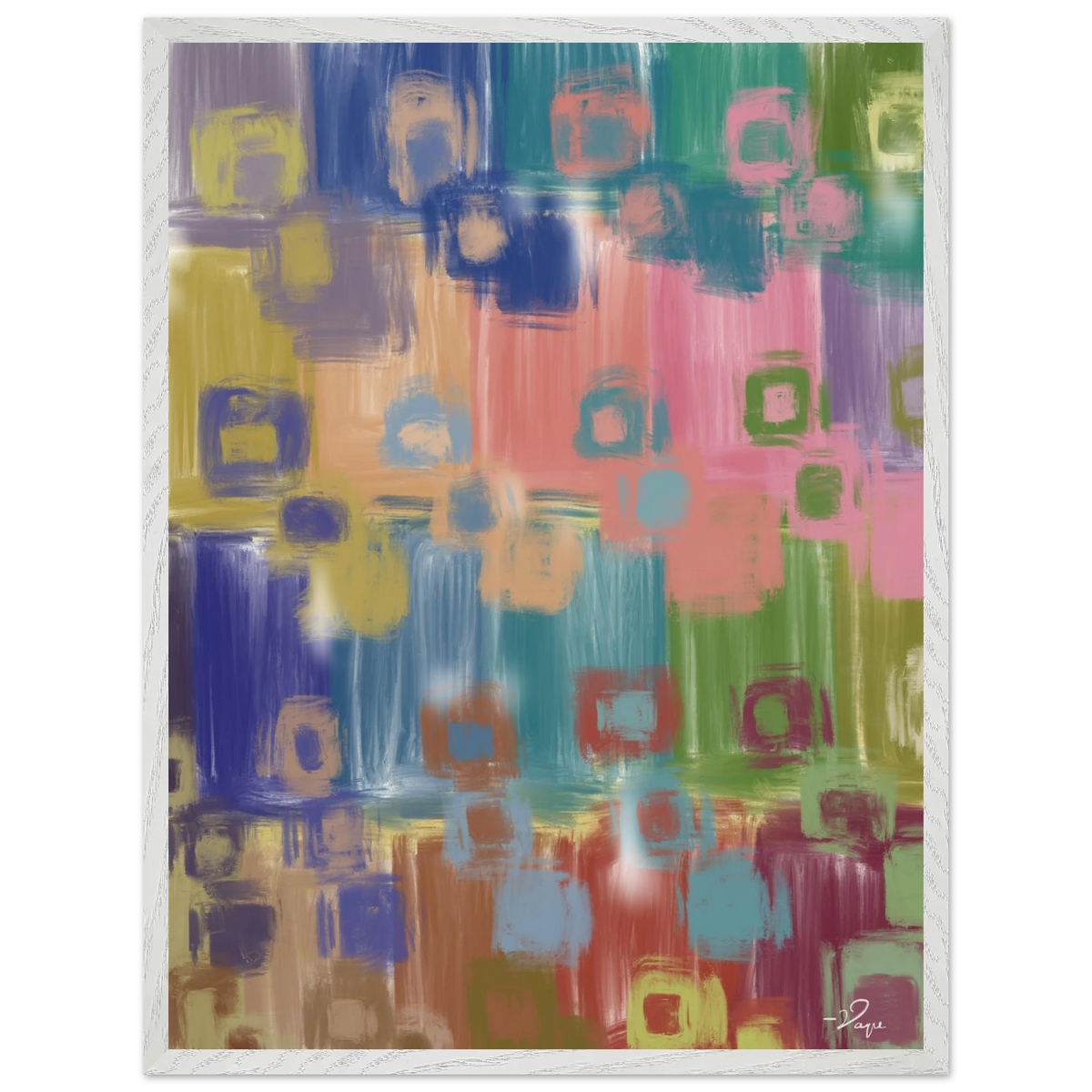 Abstract multicolor wall art with white frame, colorful block and brushstroke design