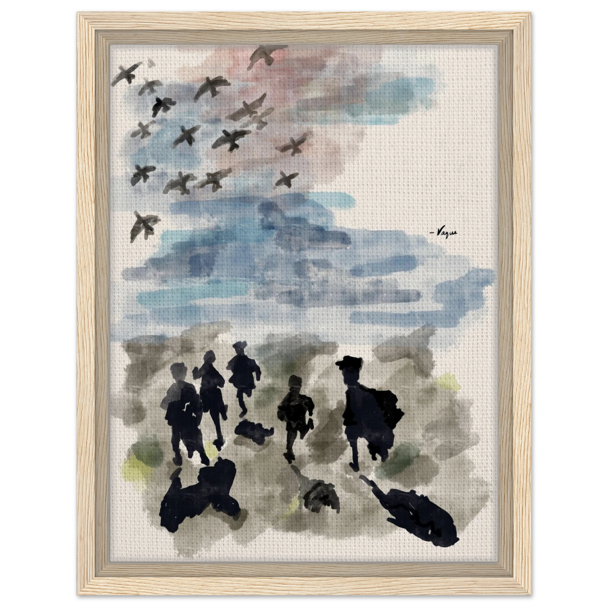 Light wood-framed art print with blue watercolor clouds, silhouette figures, and flying birds