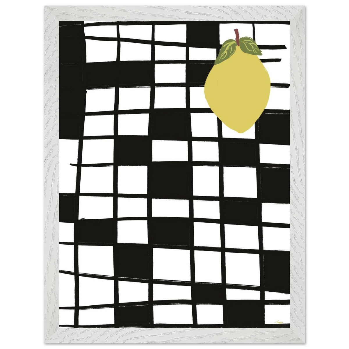 Framed black-and-white grid art print with yellow lemon illustration, white frame