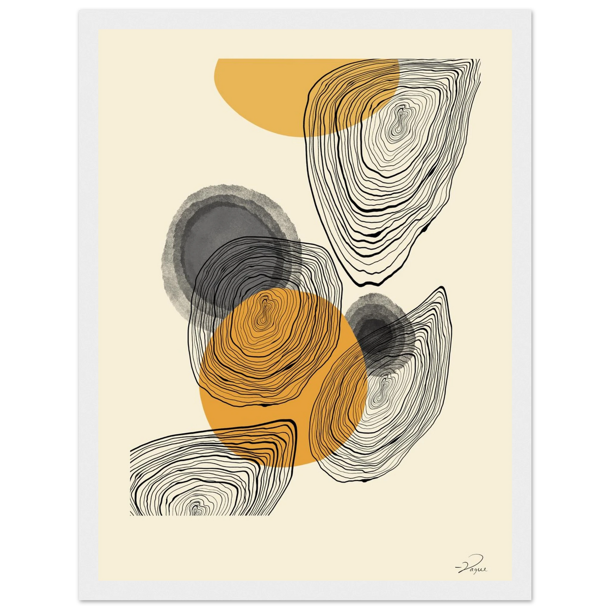 Fingerprint abstract print with orange and gray circles and black contour lines, in a white frame