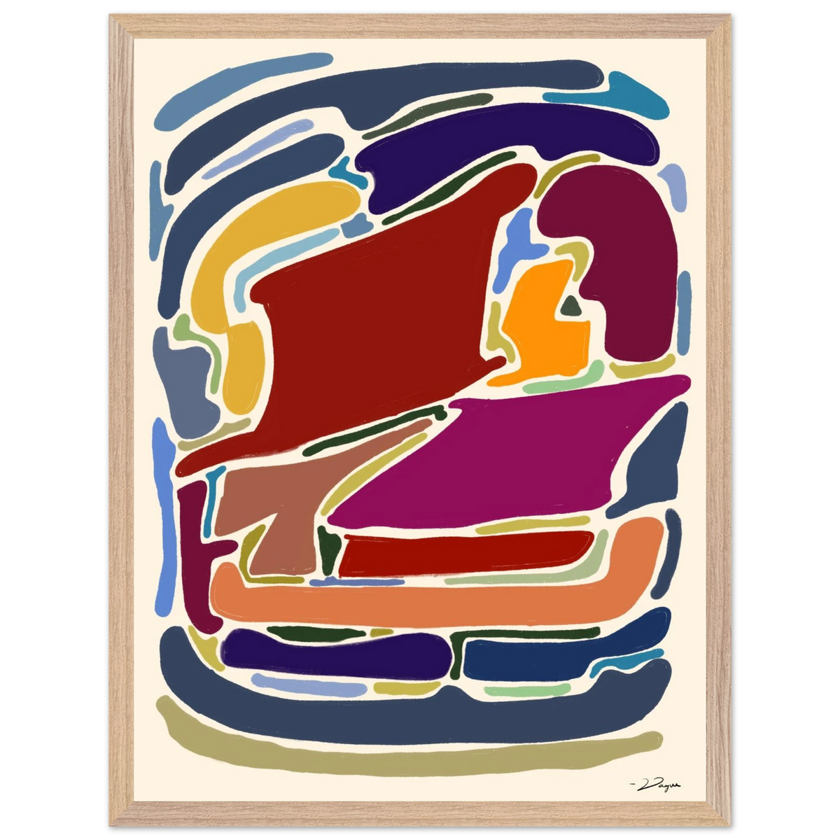 Framed abstract multicolor rainbow art print with wood frame, white mat, hanging-ready