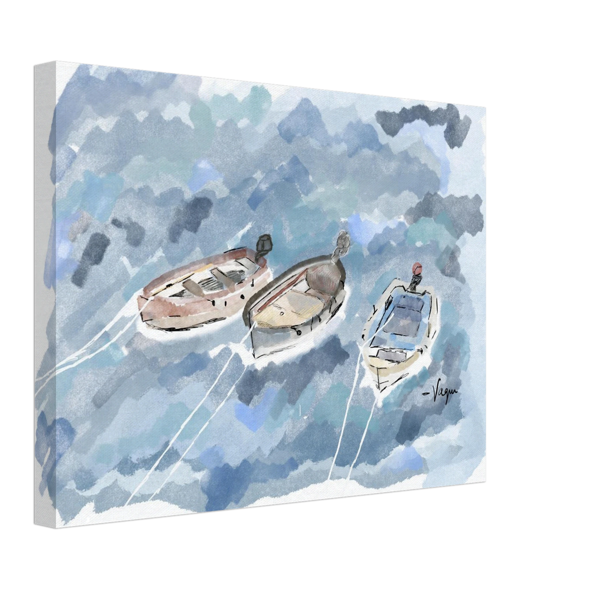 Canvas wall art of three boats on blue water with white ropes, no frame
