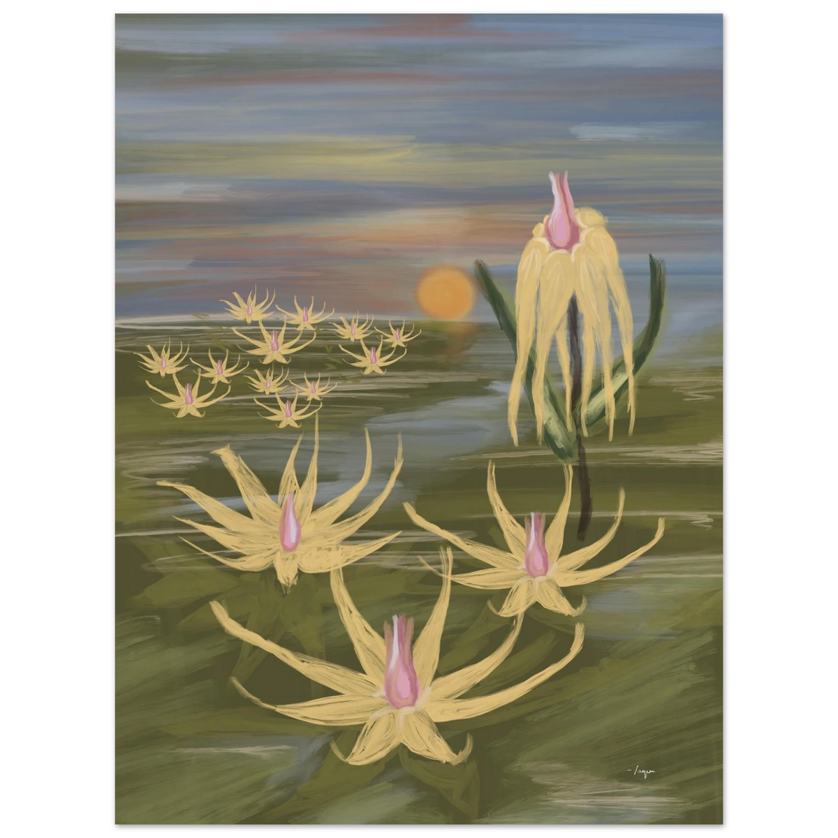 Unframed cactus botanical wall art print with yellow forms and pink buds