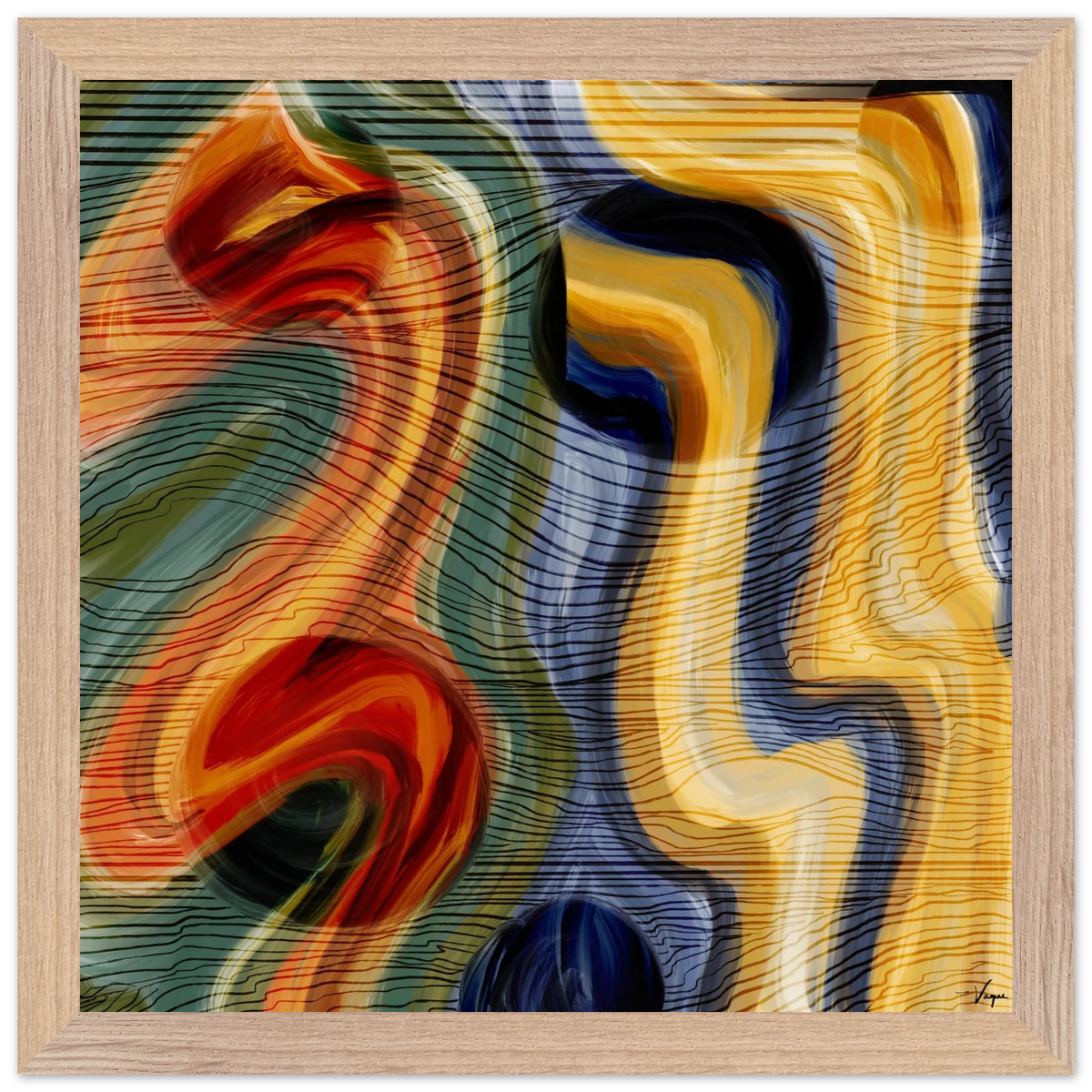 Framed matte paper poster with light wood border and abstract red, yellow, blue swirl artwork